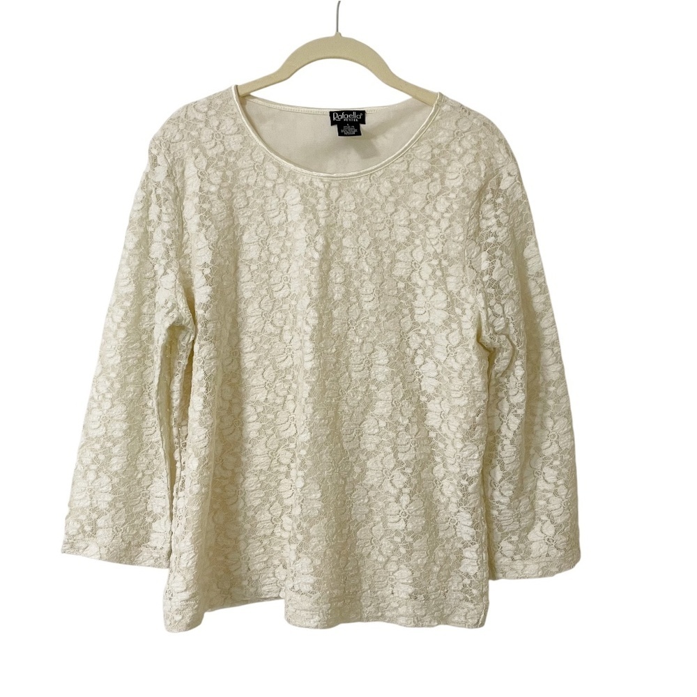 Rafaella Cream Lace Overlay Top Large Petite Long Sleeves Crewneck Fairy